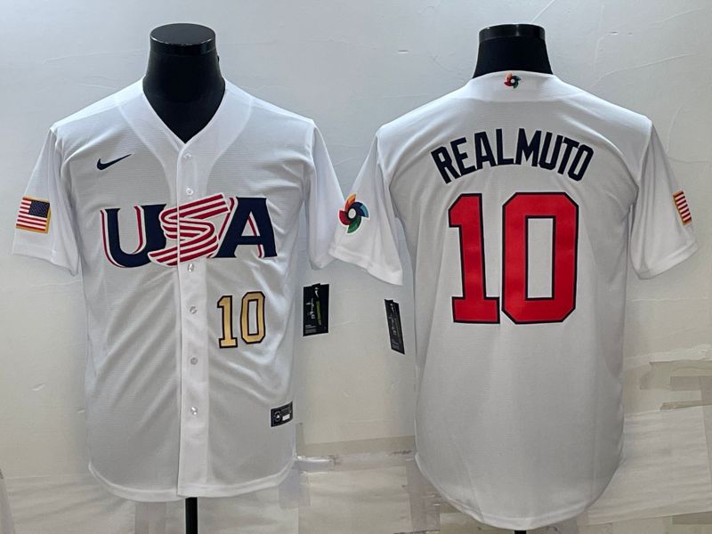 Men 2023 World Cub USA 10 Realmuto White Nike MLB Jersey5